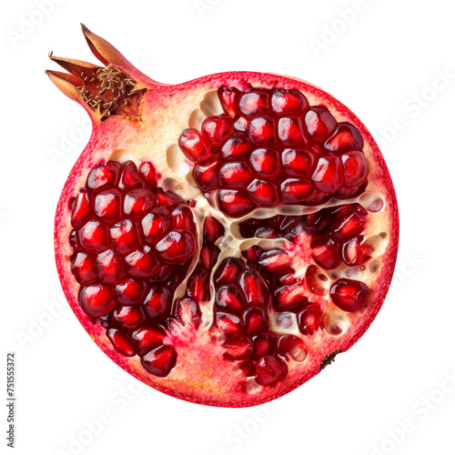 A red pomegranate is sliced open to reveal its seeds Isolated on transparent background, PNG