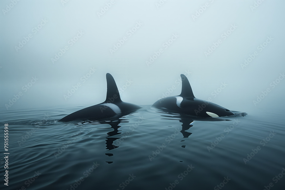 Fototapeta premium Orca, killer whale in cold nordic waters. Orca swims in cold waters. Orca showing itself.