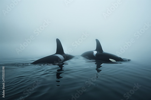Orca  killer whale in cold nordic waters. Orca swims in cold waters. Orca showing itself.