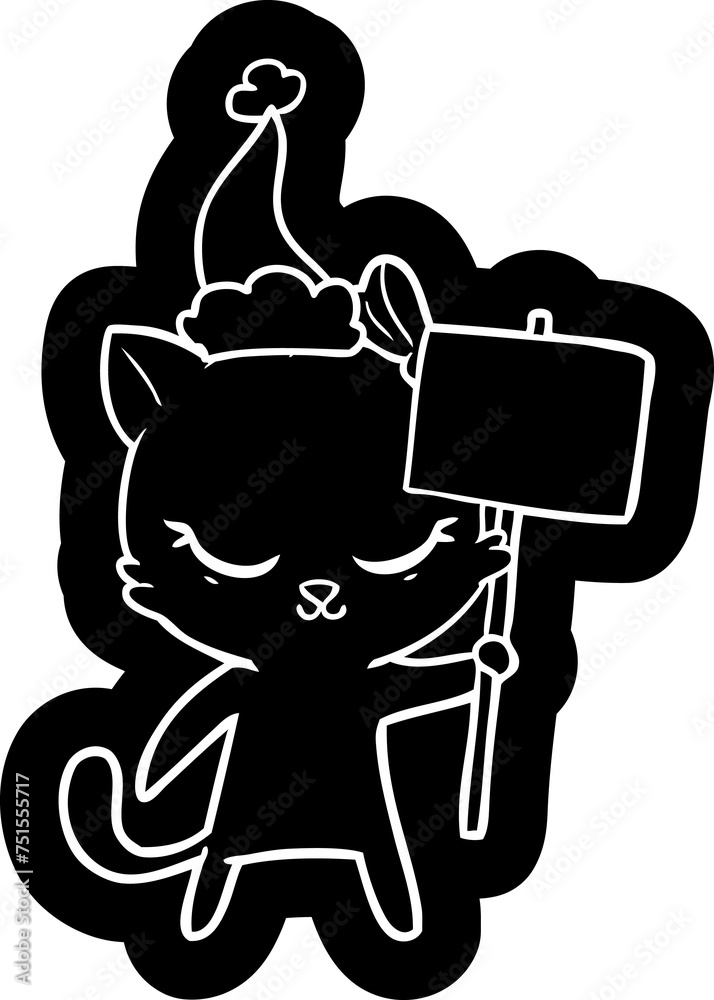 cute cartoon icon of a cat with sign wearing santa hat
