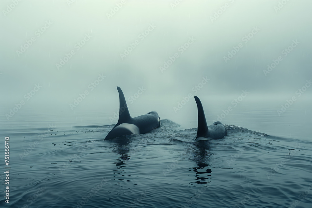 Naklejka premium Orca, killer whale in cold nordic waters. Orca swims in cold waters. Orca showing itself.