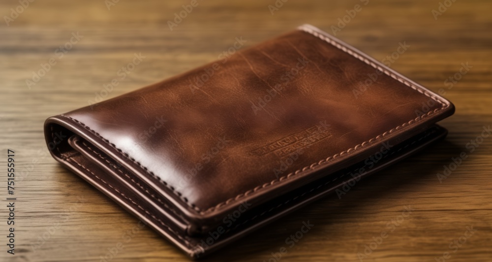 Classic Leather Wallet on Wooden Surface Classic Leather Wallet on Wooden Surface