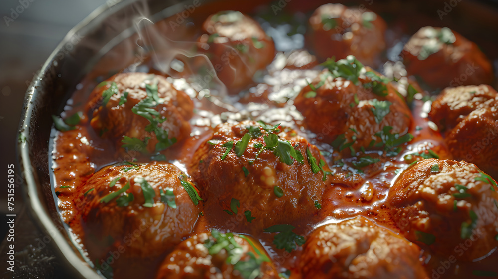 Savory meatballs in tomato sauce with steam Savory meatballs in tomato sauce with steam
