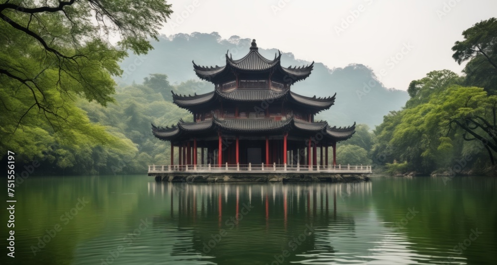 Elegant Chinese Pavilion, serene lake reflection Elegant Chinese Pavilion, serene lake reflection
