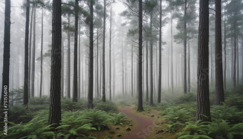 Misty pine forest background © Fukurou