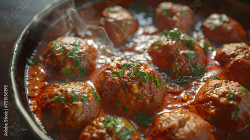 Savory meatballs in tomato sauce with steam