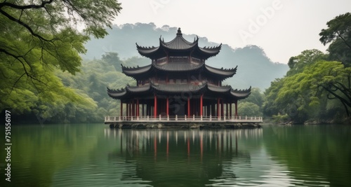  Elegant Chinese Pavilion, serene lake reflection