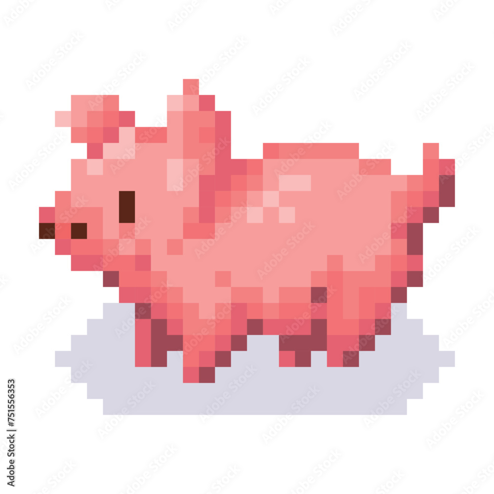 Vector Cute Pixel Art Character Cartoon Pig Illustration Isolated