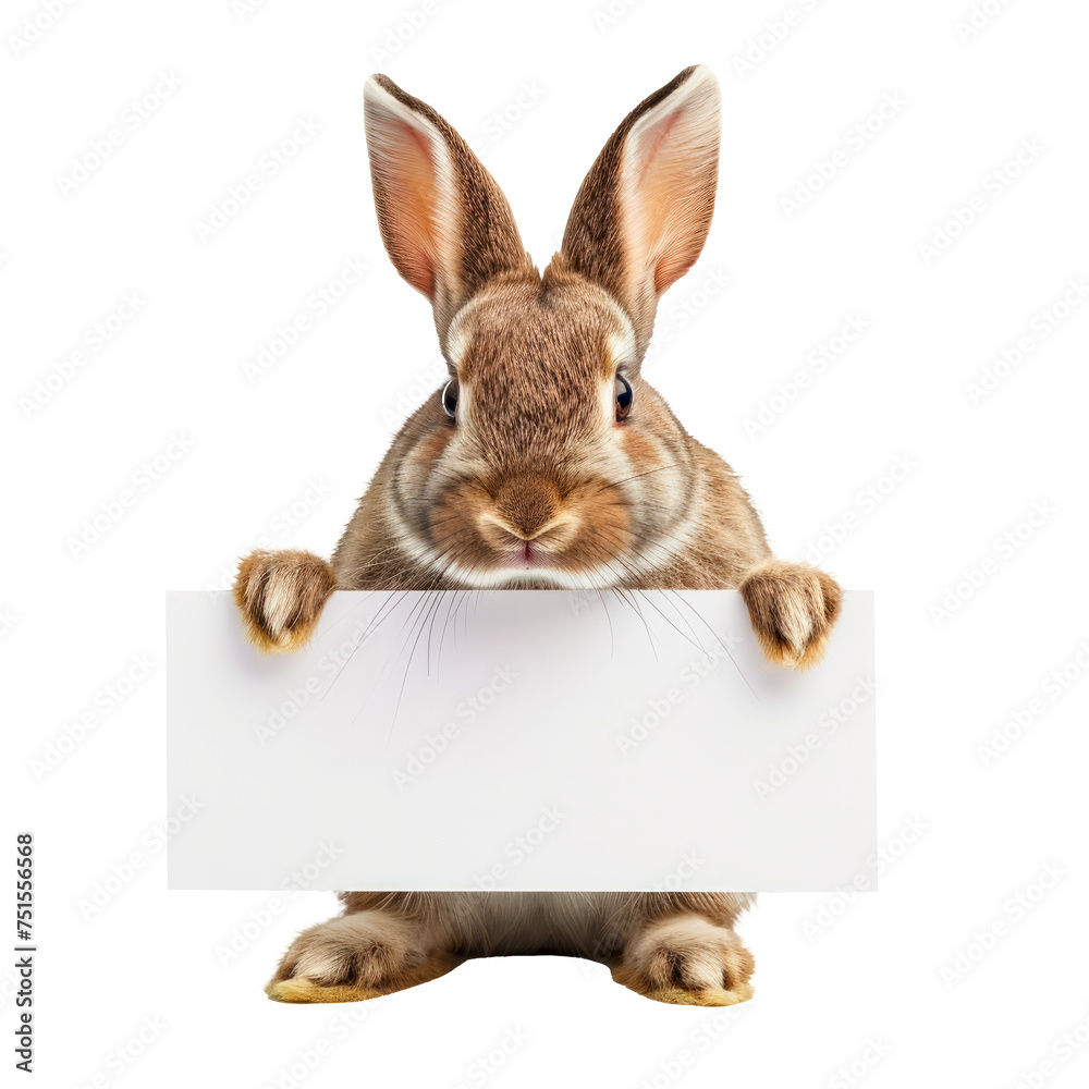 Obraz premium A rabbit holding a white board with a blank space on it Isolated on transparent background, PNG