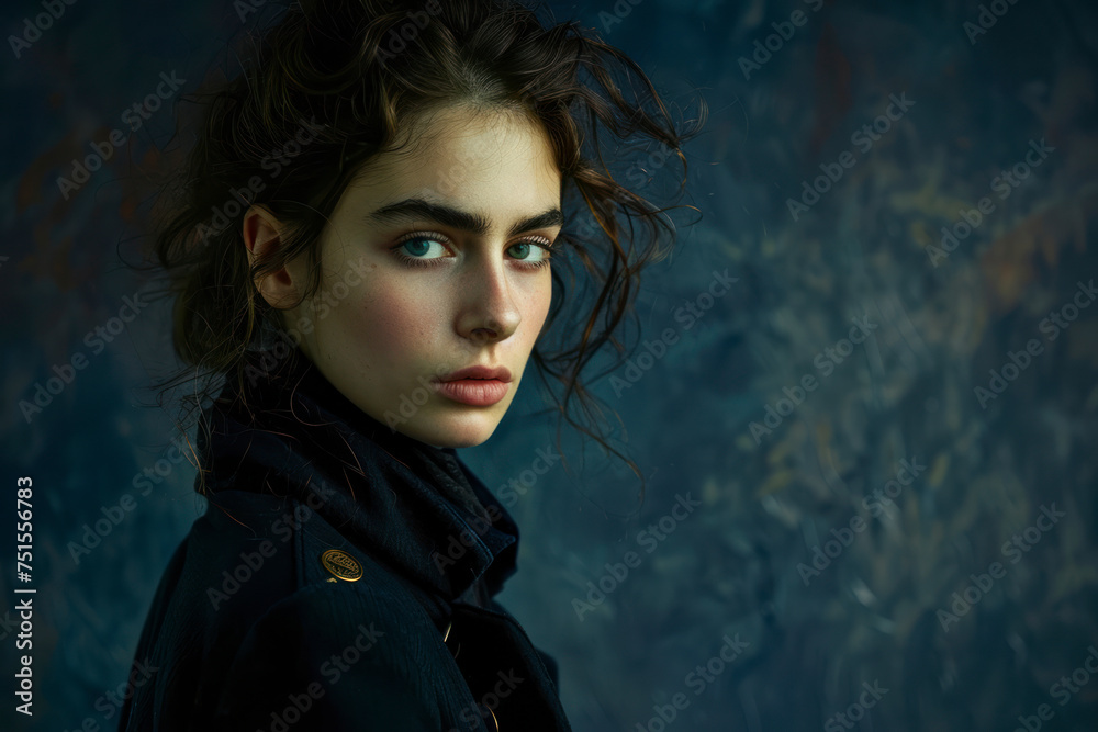 Fototapeta premium Artistic portrait against a richly textured navy blue backdrop.