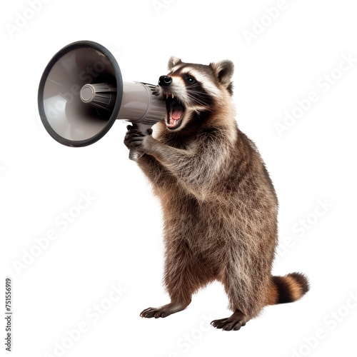 A raccoon is holding a megaphone and saying something. Isolated on transparent background, PNG photo