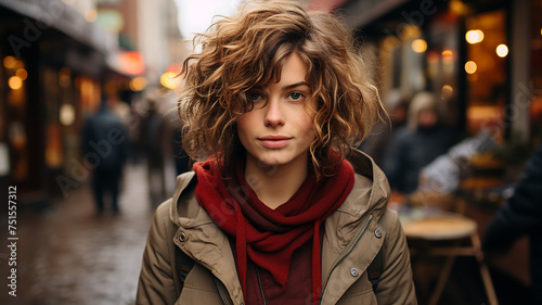  Young happy tourist girl walking through European city. University exchange student. Portrait of woman with jacket and warm sweater on the street. Diffuse background with copy space.