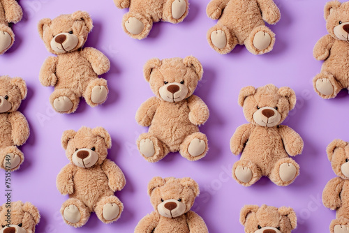Row of many brown teddy bears on purple background, cute furry toys in a line