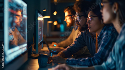 Web developers working late, illuminated by the glow of their computer screens, focused on coding in a quiet office, business technology, with copy space