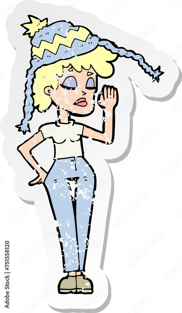 retro distressed sticker of a cartoon woman wearing winter hat retro distressed sticker of a cartoon woman wearing winter hat