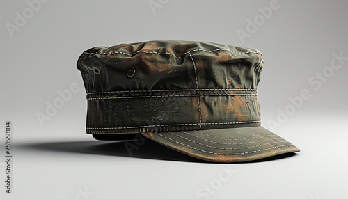 A worn green veteran hat with a gray background