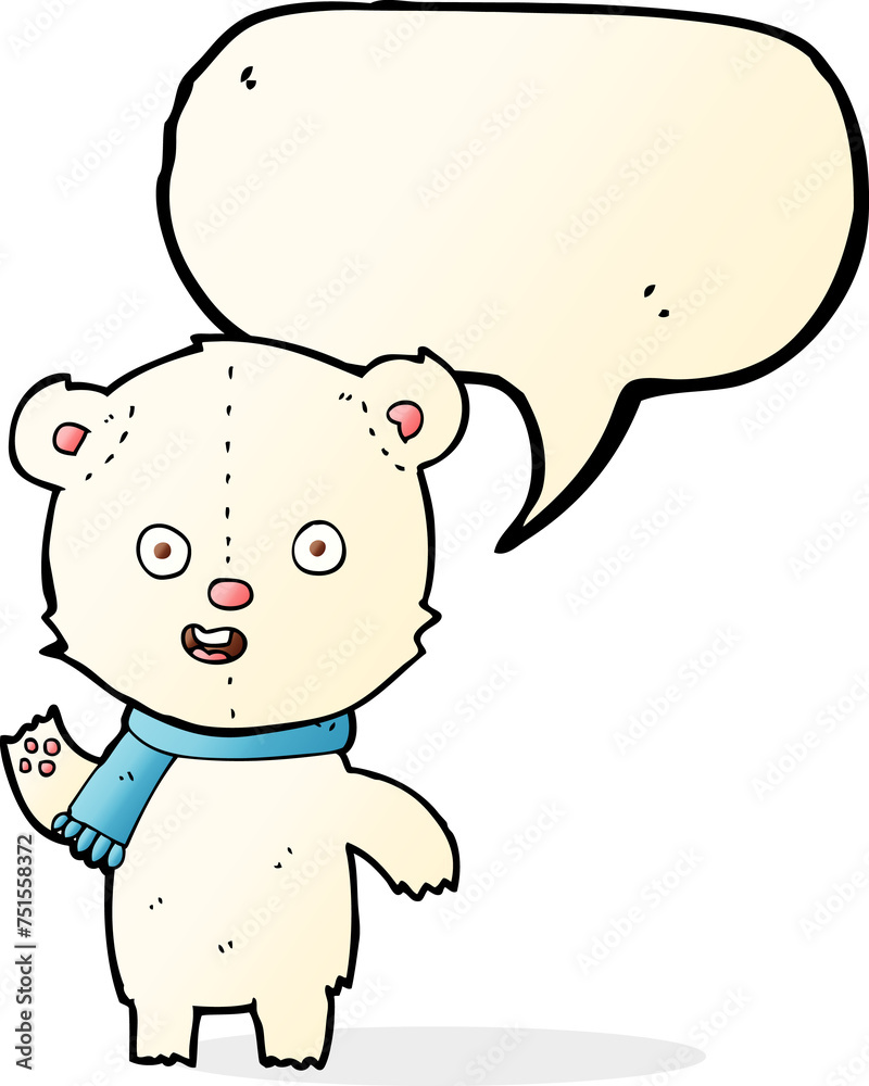 cartoon waving polar bear cub with scarf with speech bubble cartoon waving polar bear cub with scarf with speech bubble