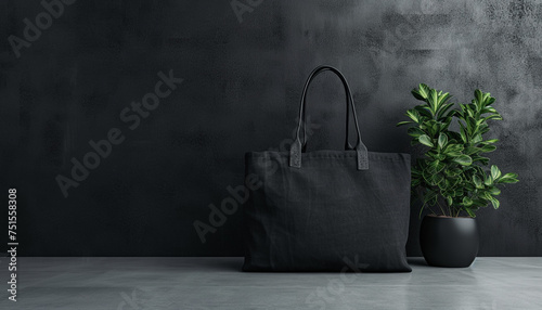black shoulder bag with pot and plant and black wall of studio