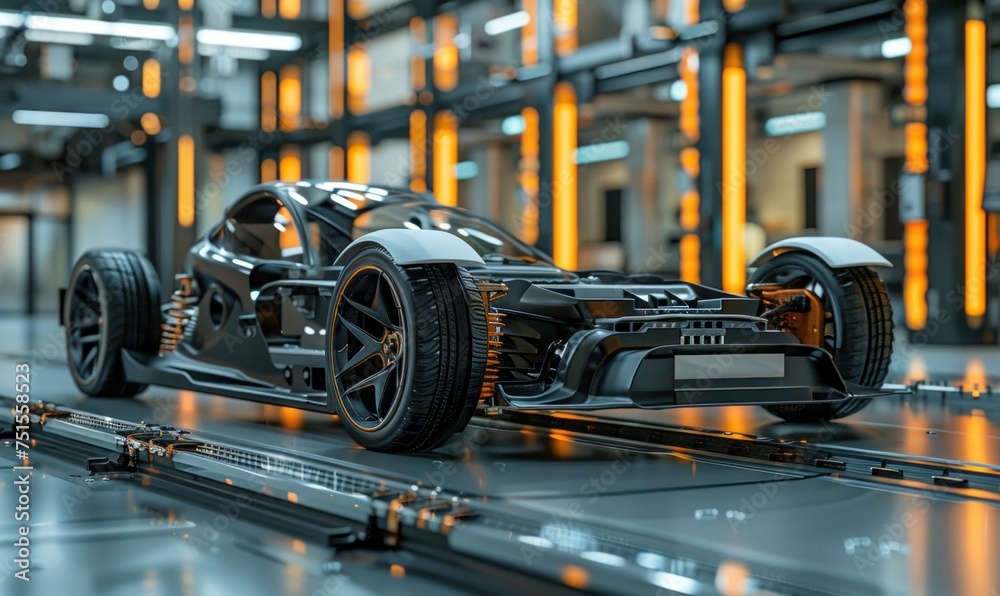 Fototapeta premium Urban speed machine: Assembling a high-performance racing car in a tech-savvy plant