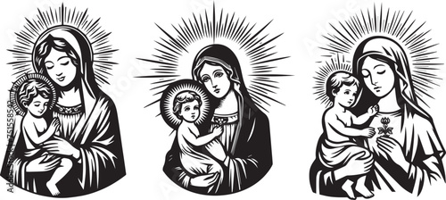 mary holding baby jesus, sacred maternal bond vector illustration silhouette for laser cutting cnc, engraving, decorative clipart, black shape outline