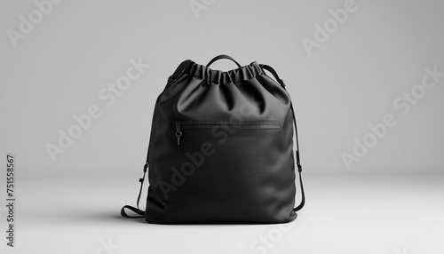Black drawstring bag with white background