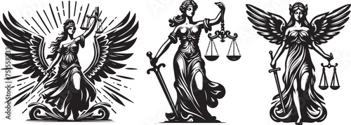 goddess of justice, Themis, statue, powerful silhouette of the body of a domineering and strong woman holding a sword and scales photo