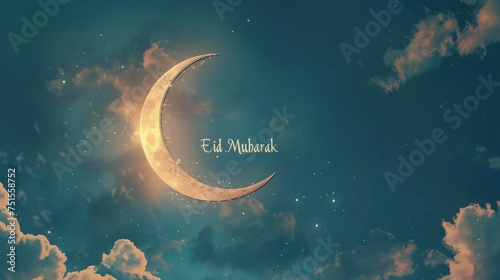 a crescent moon with "Eid Mubarak" against a starry night sky, suitable for event banners or festive desktop backgrounds.