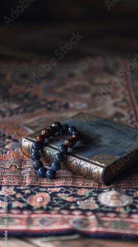 A focused shot showcasing prayer beads resting on a Quran, ideal for spiritual social media posts or as a subtle invitation to Muslim prayer gatherings.