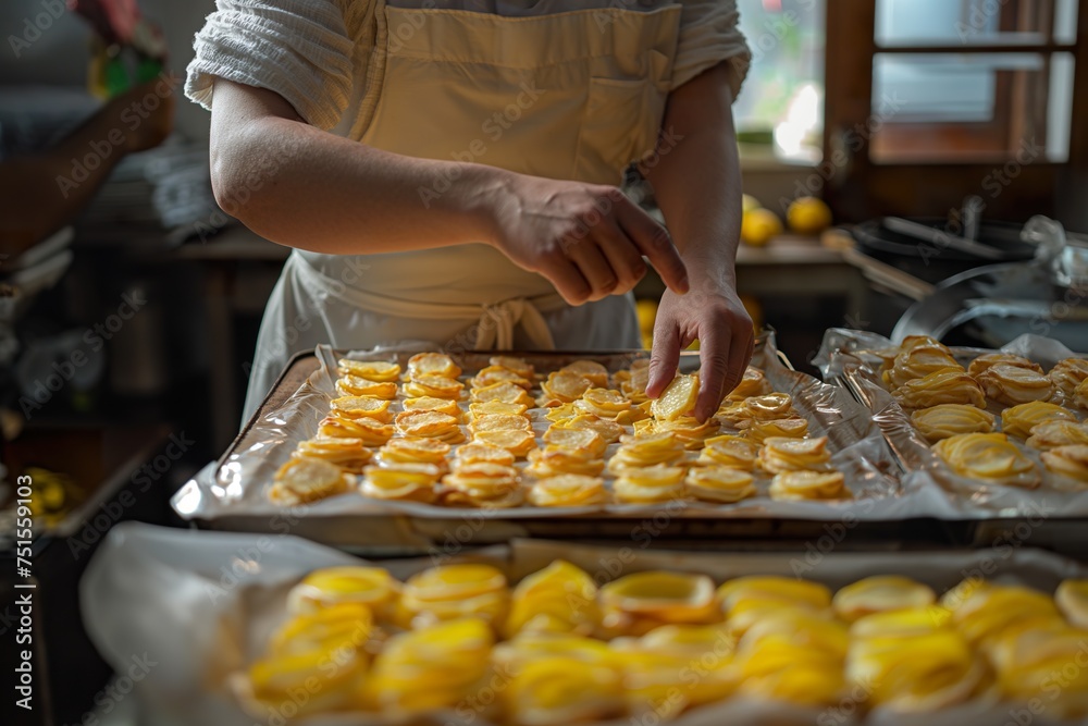 A woman wearing an apron is arranging food items on a tray.