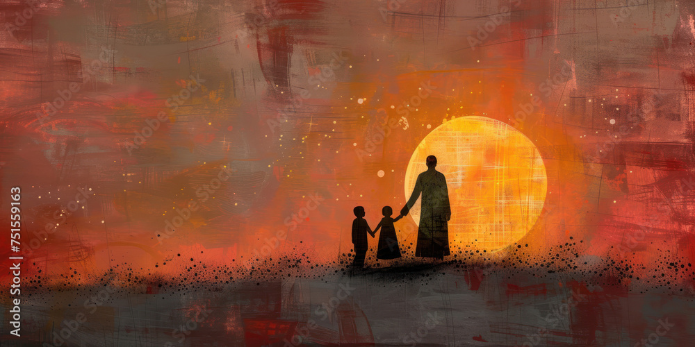 Silhouettes of a parent and child against a vibrant sunset, ideal for themes of family and togetherness during Eid celebrations or as a background for greeting cards. - obrazy, fototapety, plakaty 