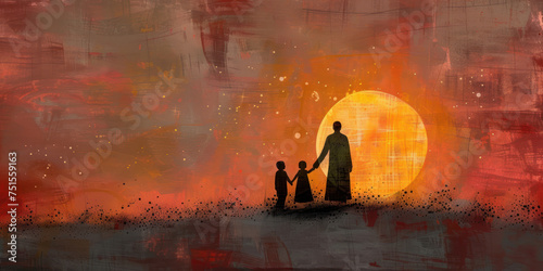 Silhouettes of a parent and child against a vibrant sunset, ideal for themes of family and togetherness during Eid celebrations or as a background for greeting cards.