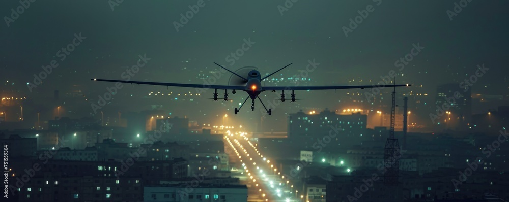 Darkness pierced by drone's lights reveals infrastructure, implying surveillance for potential sabotage or espionage - obrazy, fototapety, plakaty 