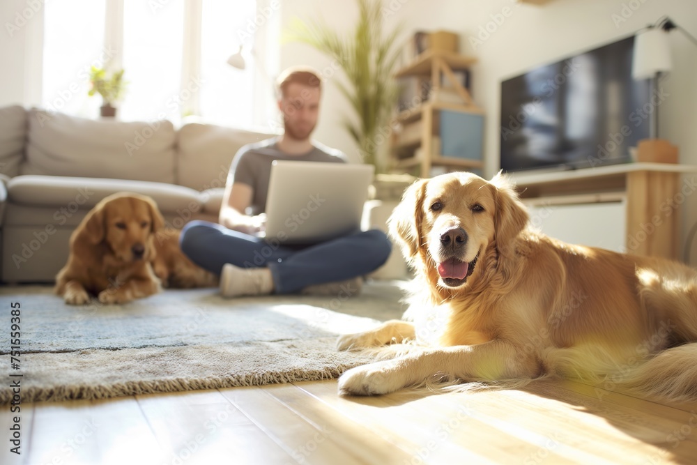 A man in casual attire sitting on the floor with two dogs and a laptop nearby.
