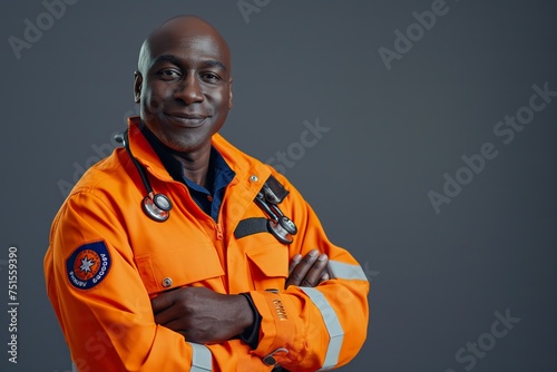 A Black African American EMS paramedic posing confidently in an orange jacket.