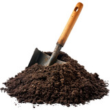 A shovel is sitting on top of a pile of dirt Isolated on transparent background, PNG
