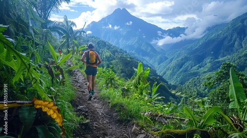 Trail runners on a rugged mountain, captured in a wide-angle. set against the backdrop of the mountain peaks. surrounded by beautiful mountains and scenery. Healthy exercise concept. © panadda
