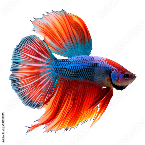 A colorful fish with a long tail and a long fin. The fish is in a tank and is swimming in the water. Siamese fighting fish Betta splenders. Isolated on transparent background, PNG