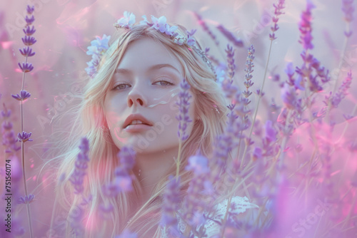 Artistic portrait against a dreamy gradient background blending from soft pink to lavender.