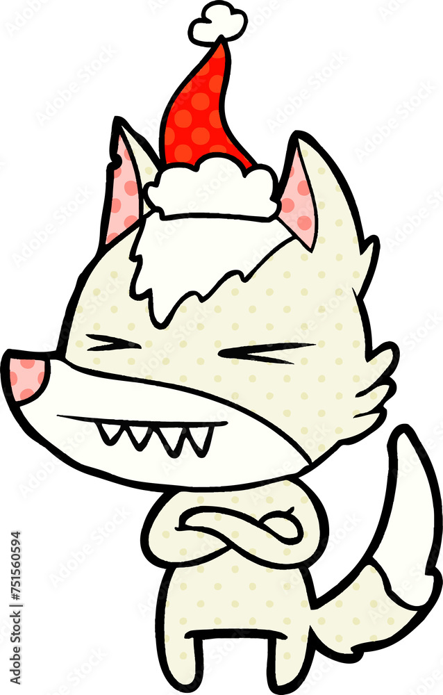 angry wolf comic book style illustration of a wearing santa hat angry wolf comic book style illustration of a wearing santa hat