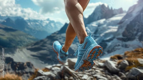 Trail runners on a rugged mountain, a close - up of a person's legs, detail of the shoe hitting the ground uphill in a challenging jungle trail, surrounded by beautiful mountains and scenery. 