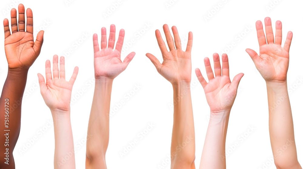 A group of people with different skin tones are raised up in the air Isolated on transparent background, PNG - obrazy, fototapety, plakaty 
