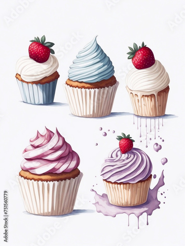 Beautiful cute watercolor cupcakes set clipart. Watercolor bright colors sweet food cupcakes art