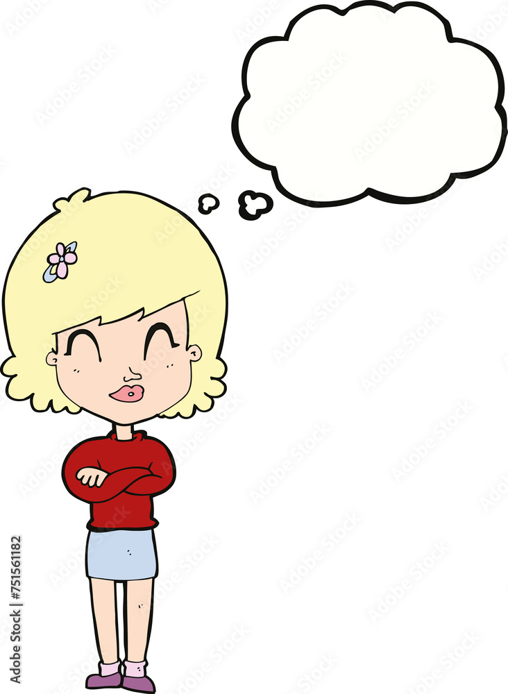cartoon happy woman with folded arms with thought bubble cartoon happy woman with folded arms with thought bubble