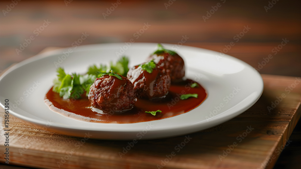Savory meatballs in tomato sauce on elegant plate Savory meatballs in tomato sauce on elegant plate