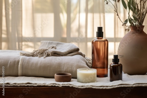 Zero waste spa concept with soap and lotion dispensers and linen towels in kinfolk style