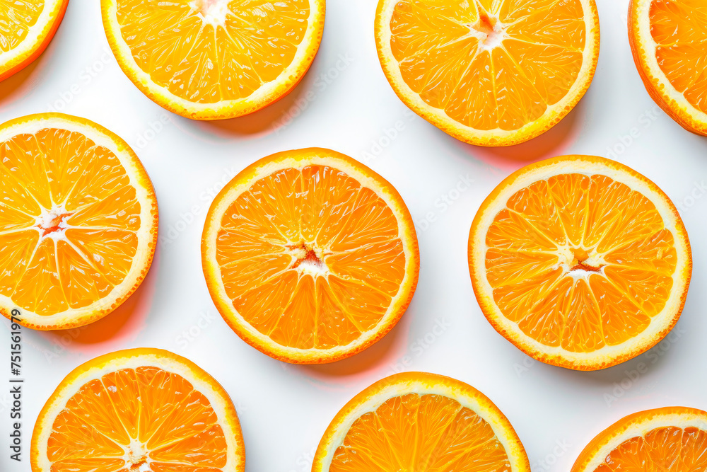 fruit pattern of fresh orange slices on white background. Top view fruit pattern of fresh orange slices on white background. Top view