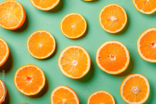 fruit pattern of fresh orange slices on green background. Top view