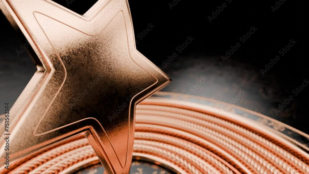 Appearance of a prize, an award in the form of a star. Free space on video for text. Opening screen for your awards ceremony. Camera movement with horizontal rotation towards the golden award.