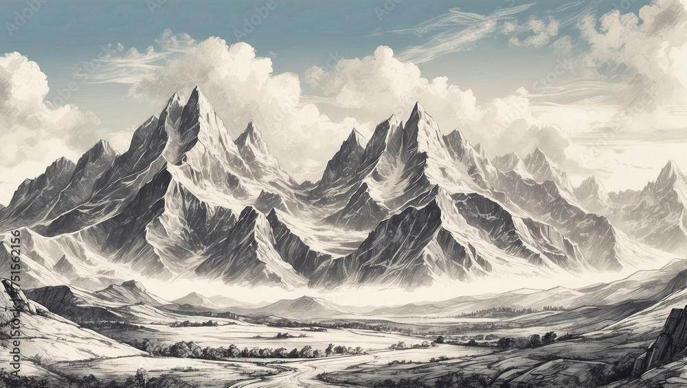 Mountain landscape, illustration artwork, snowy mountain