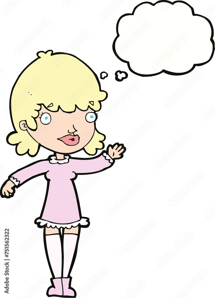 cartoon woman waving with thought bubble cartoon woman waving with thought bubble